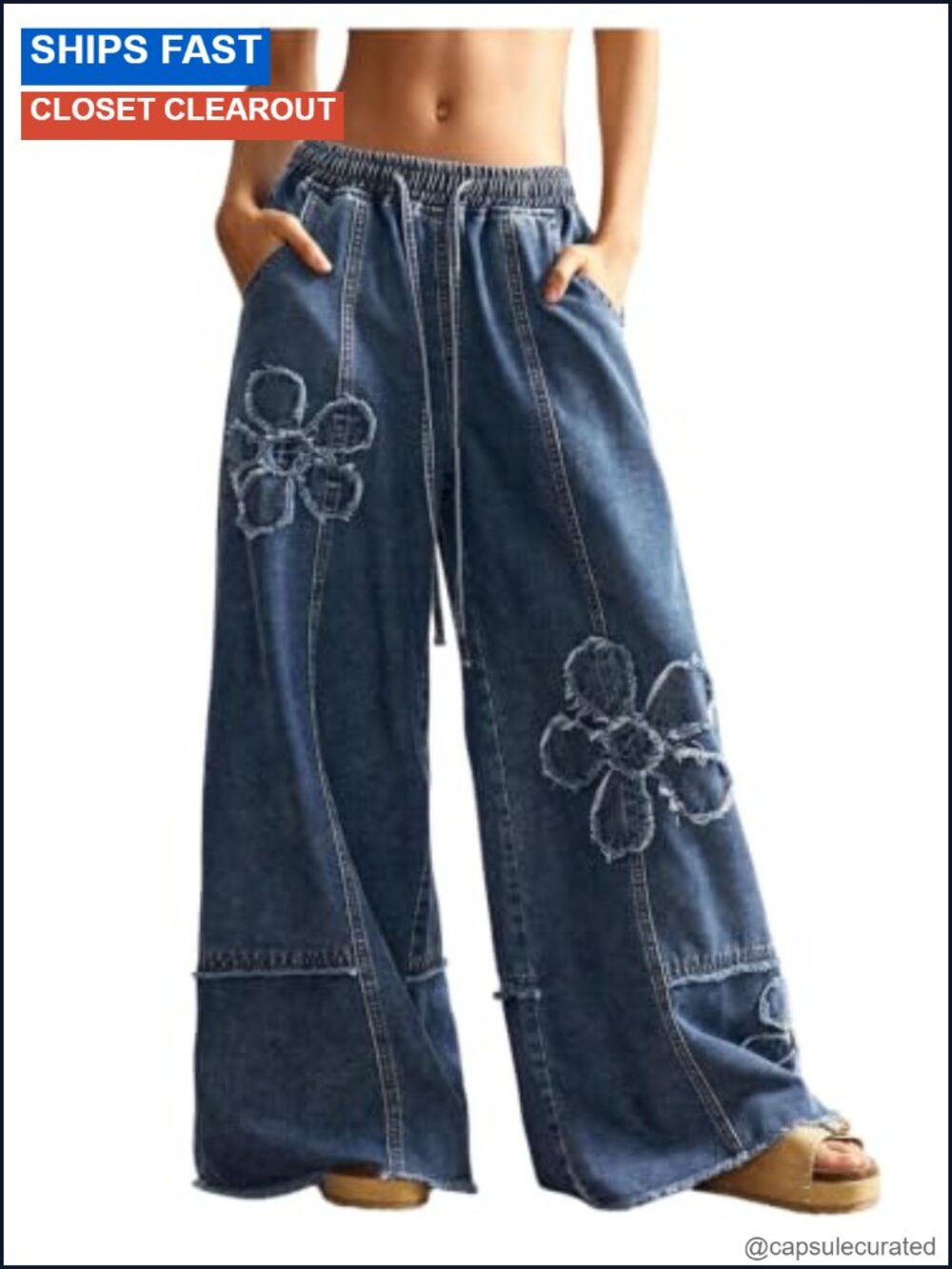Women's Y2K Baggy Wide Leg Denim Jeans Low Rise Drawstring Waist